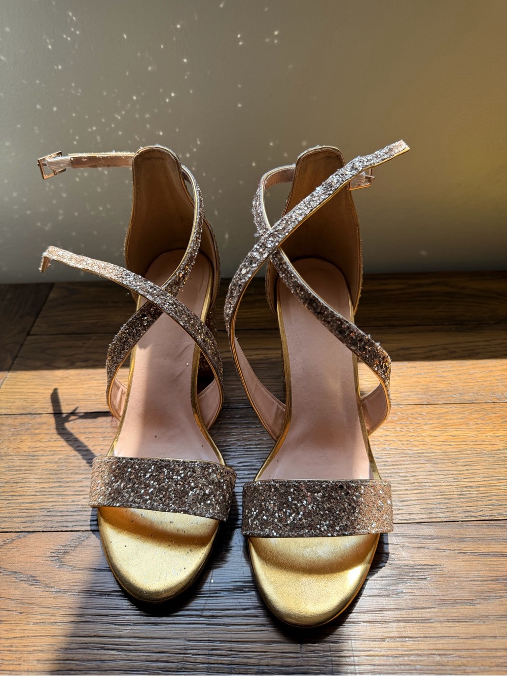 JJs House Gold Glitter Crisscross High Heel Sandals